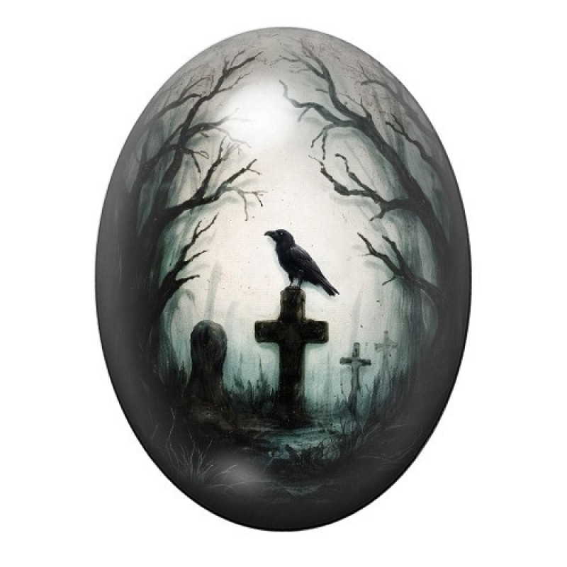 Cabochon en Verre Illustré Corbeau sur une Croix au Cimetière 13x18, 18x25 ou 30x40mm