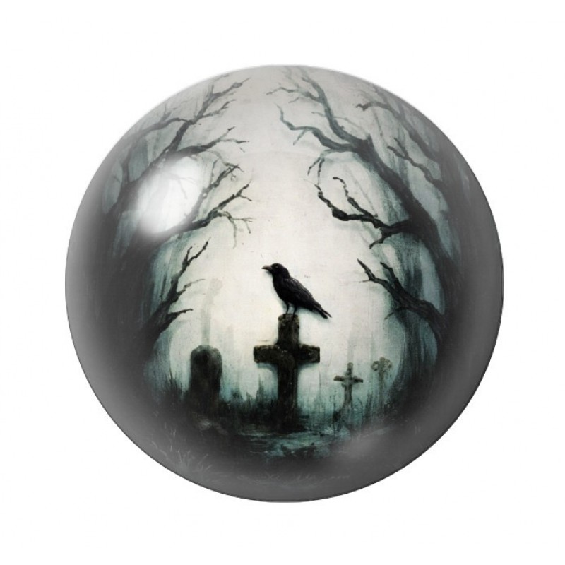 Cabochon en Verre Illustré Corbeau Lune Gothique 12 à 25mm
