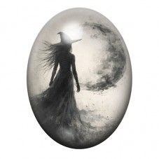 Cabochon en Verre Illustré Sorcière dans la Brume sous la Pleine Lune 13x18, 18x25 ou 30x40mm pour la création de bijoux fantais