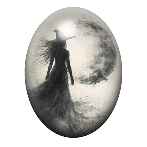 Cabochon en Verre Illustré Sorcière Lune Gothique 13x18, 18x25 ou 30x40mm