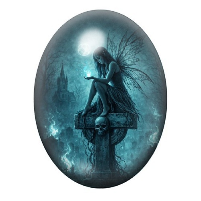 Cabochon en Verre Illustré Fée Croix Crâne Gothique 13x18, 18x25 ou 30x40mm