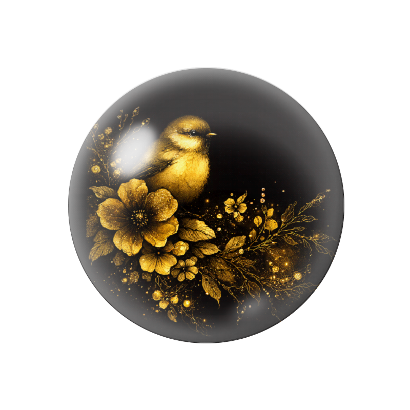 Cabochon en Verre Illustré Oiseau Noir et Or 12 à 25mm