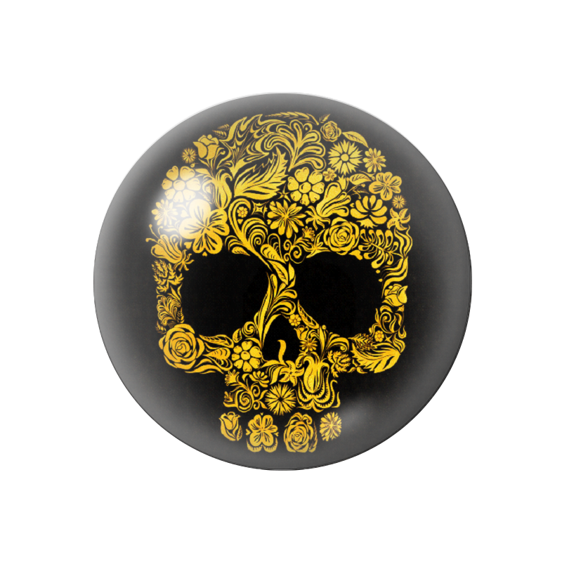 Cabochon en Verre Illustré Crâne Tête de Mort Noir et Or 12 à 25mm