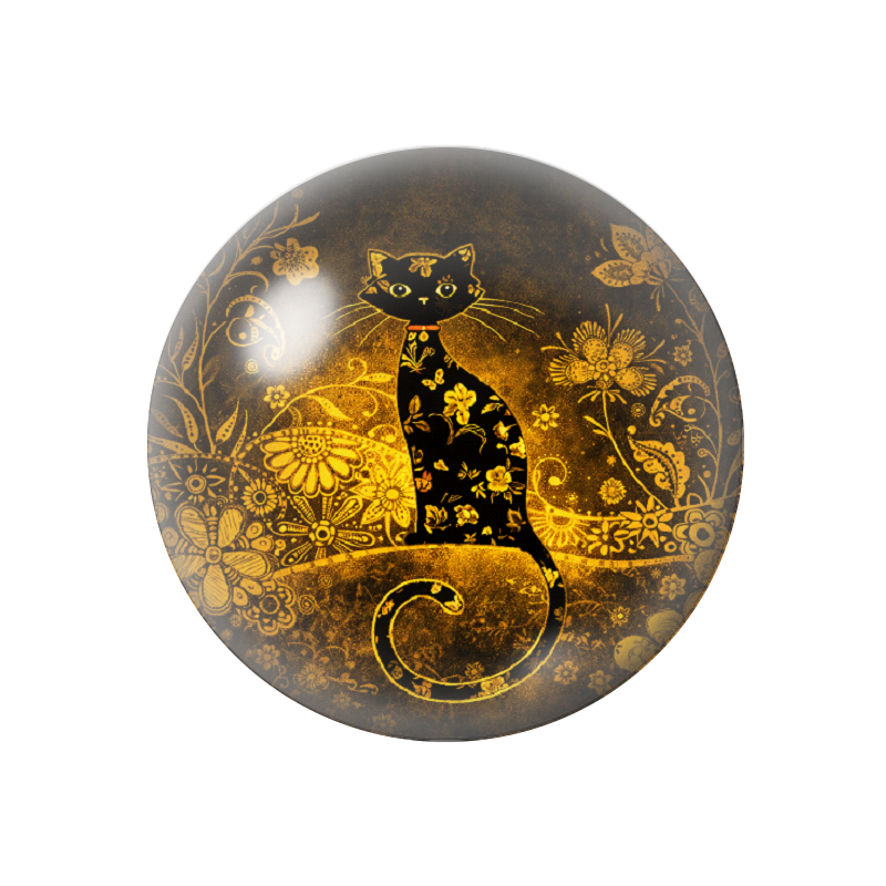 Cabochon en Verre Illustré Chat Noir et Or 12 à 25mm