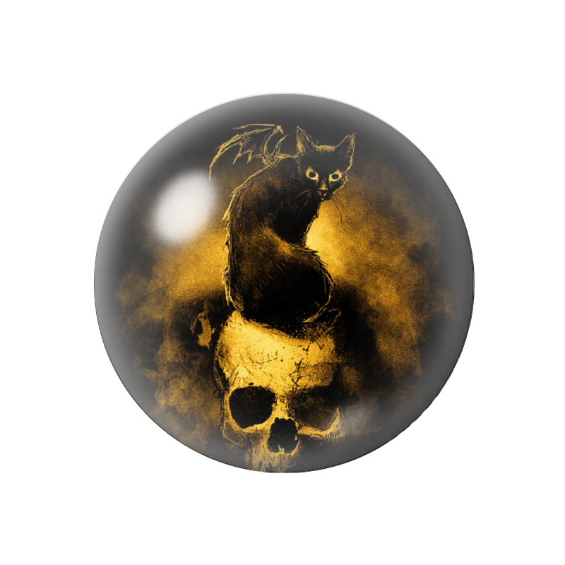 Cabochon en Verre Illustré Chat Crâne Gothique Noir et Or 12 à 25mm