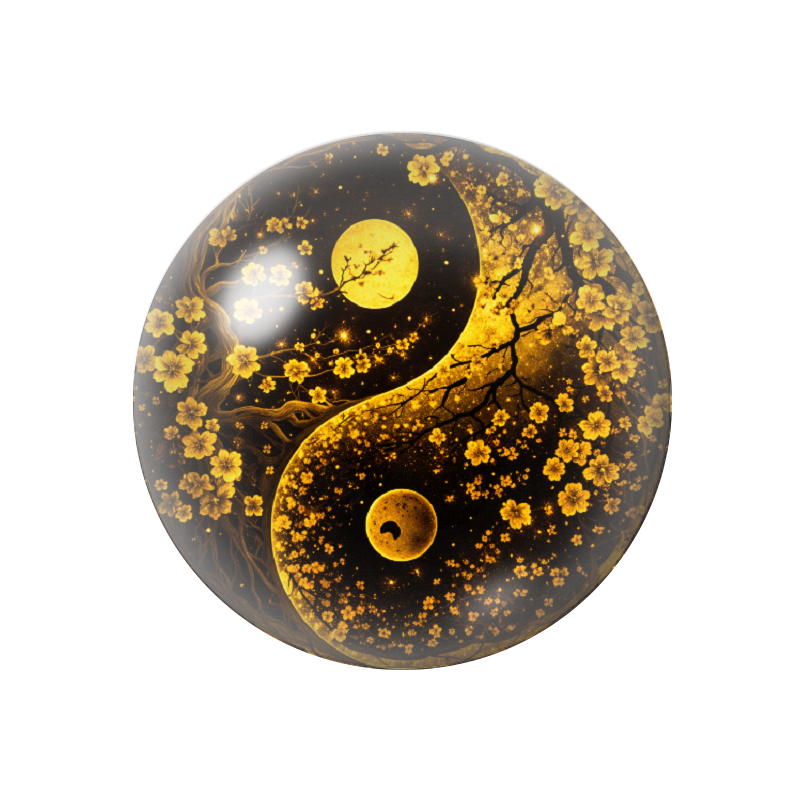 Cabochon en Verre Illustré Yin Yang Noir et Or 12 à 25mm
