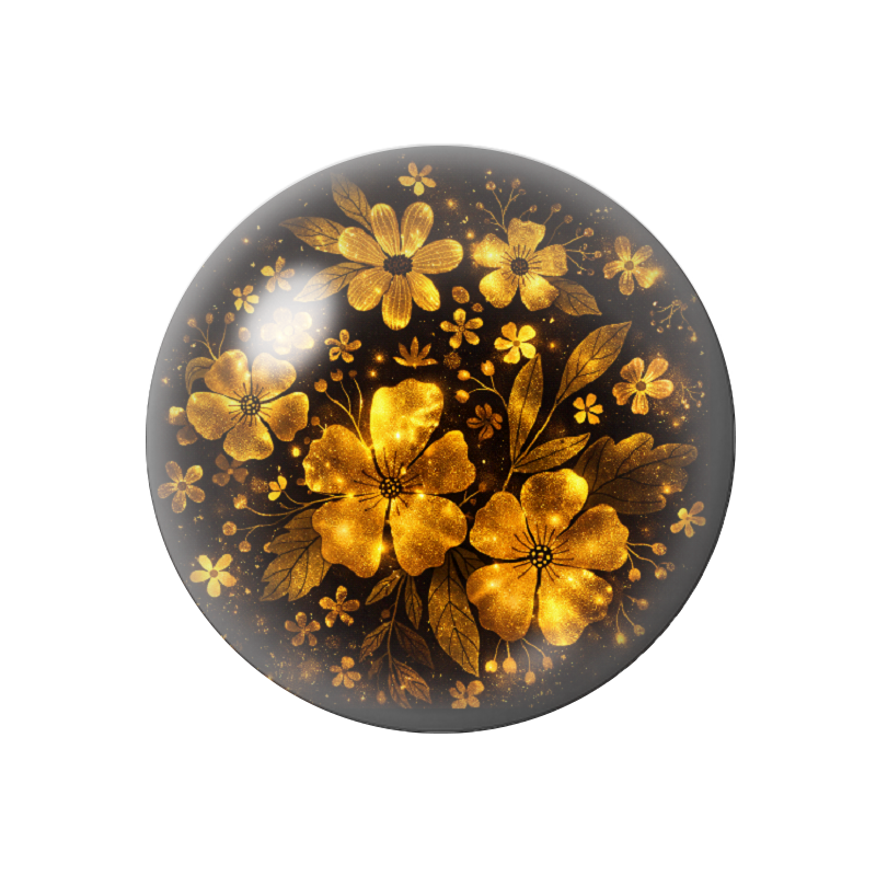 Cabochon en Verre Illustré Fleurs Noir et Or 12 à 25mm