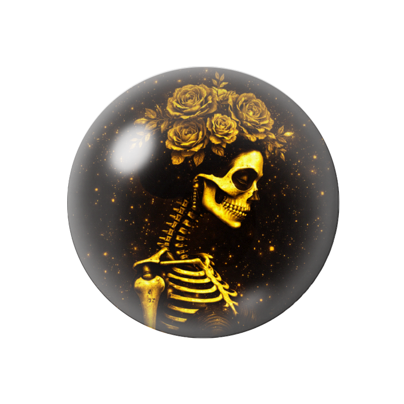 Cabochon en Verre Illustré Femme Squelette Gothique Noir et Or 12 à 25mm