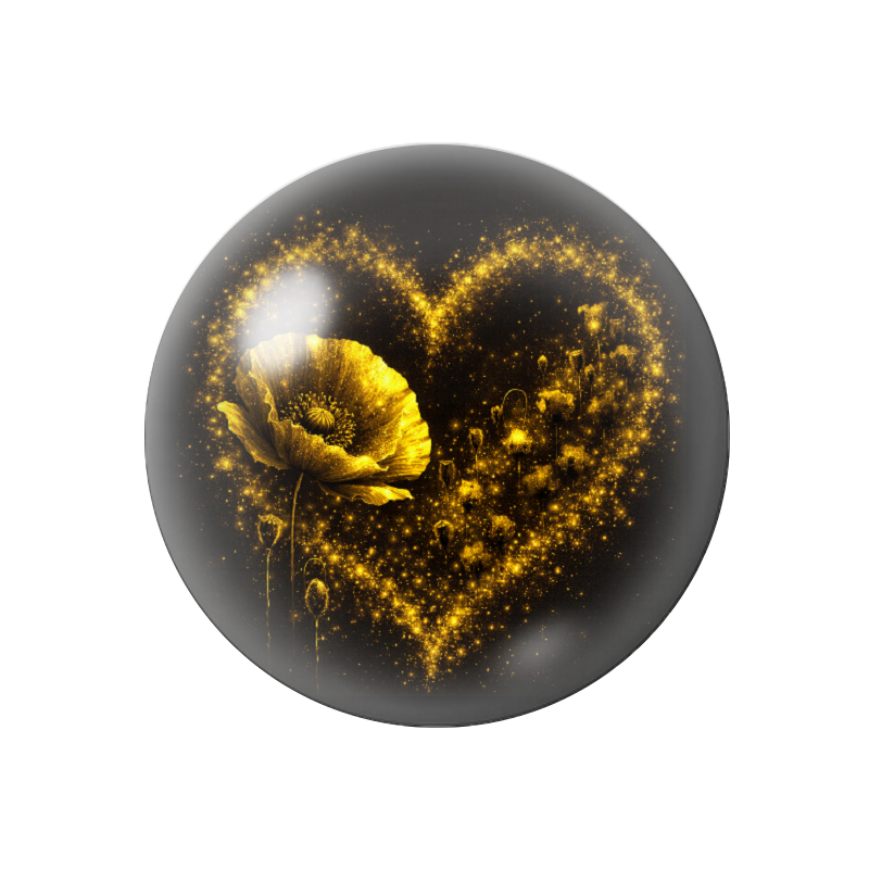 Cabochon en Verre Illustré Coeur Fleur Noir et Or 12 à 25mm