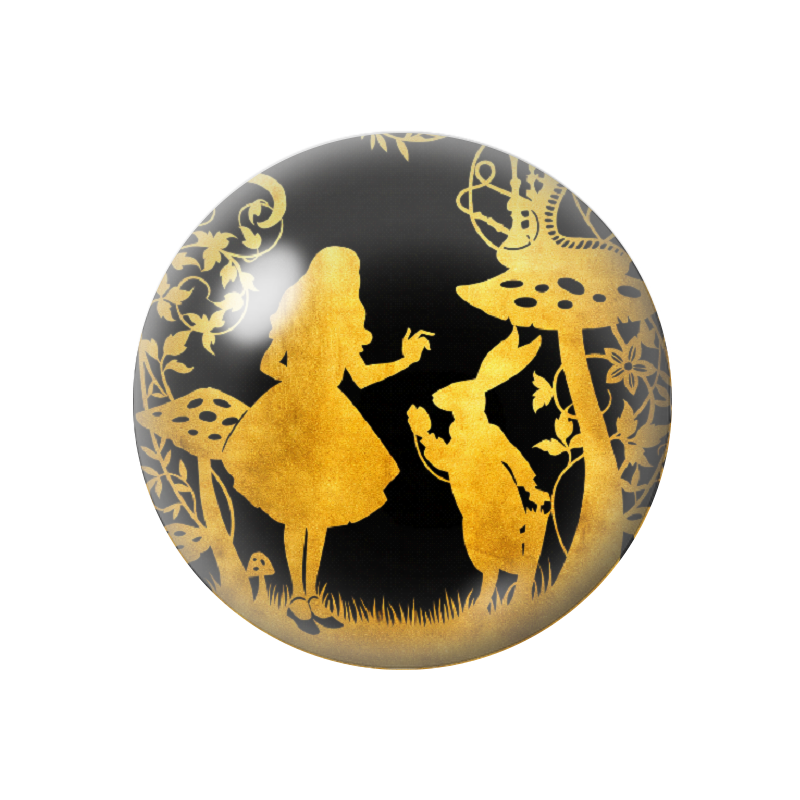 Cabochon en Verre Illustré Alice au Pays des Merveilles Noir et Or 12 à 25mm