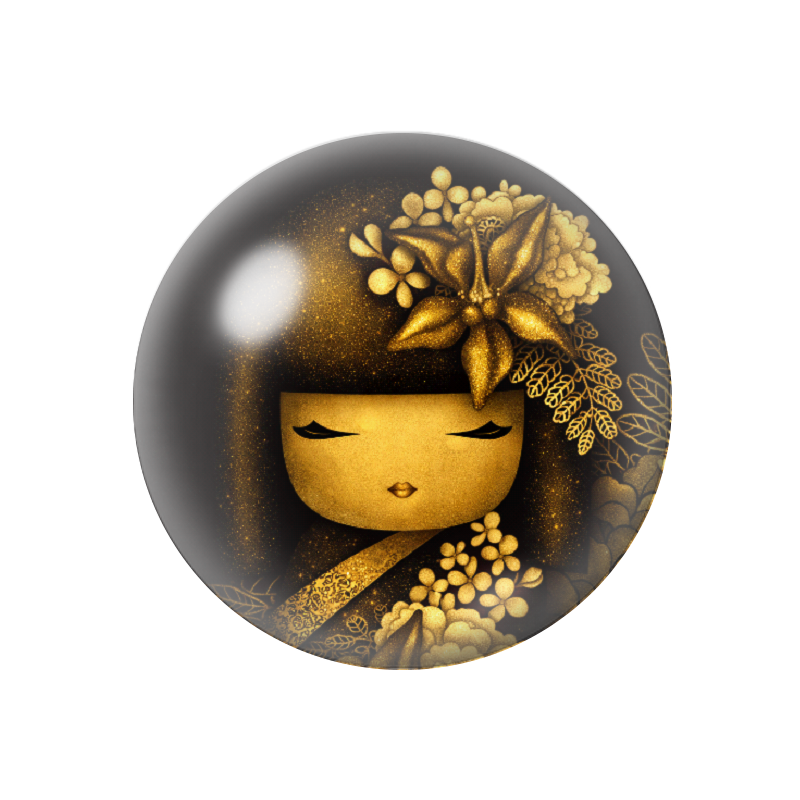 Cabochon en Verre Illustré Kokeshi Noir et Or 12 à 25mm