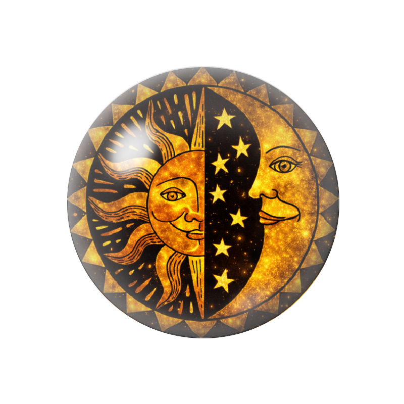 Cabochon en Verre Illustré Soleil Lune Noir et Or 12 à 25mm