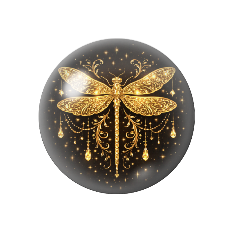 Cabochon en Verre Illustré Libellule Noir et Or 12 à 25mm