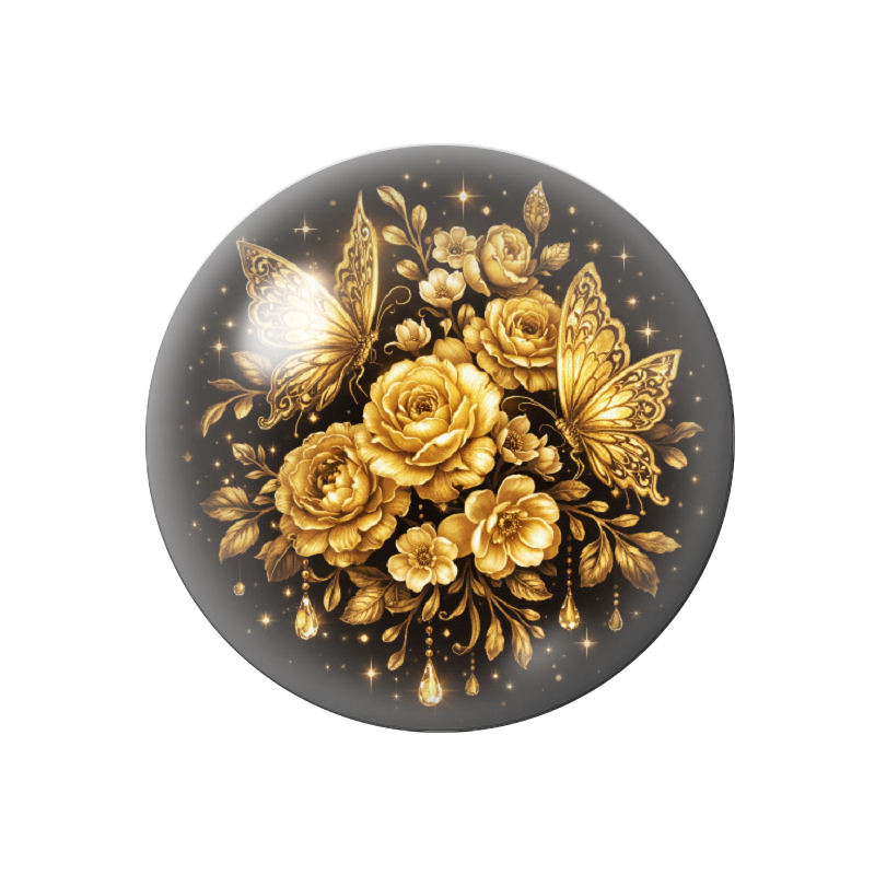 Cabochon en Verre Illustré Fleurs Papillons Noir et Or 12 à 25mm