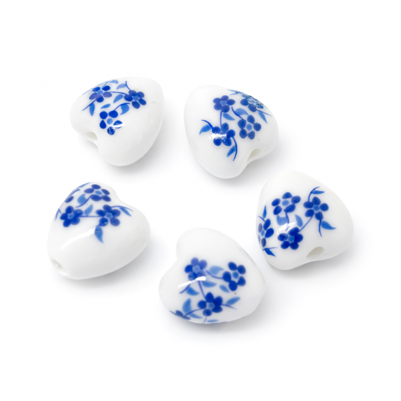5 Perles Coeur en Céramique Orchidée Bleue et Blanche Vintage 13x12mm