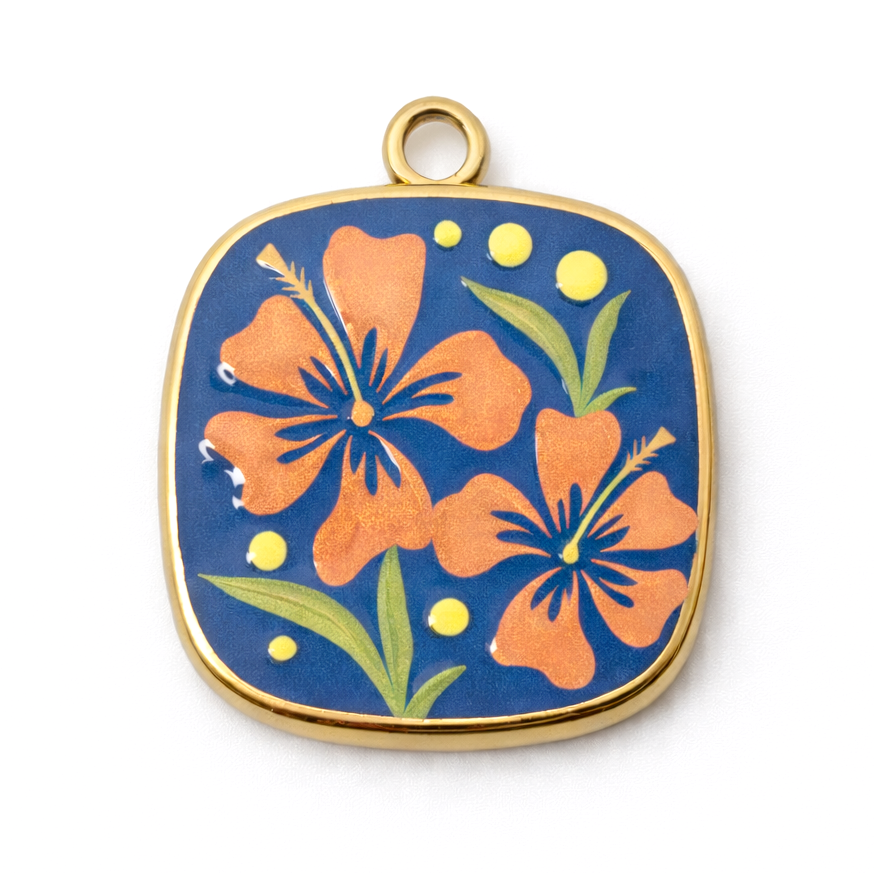 Breloque Fleur Hibiscus en Émail Acier Inoxydable Doré 21x19mm