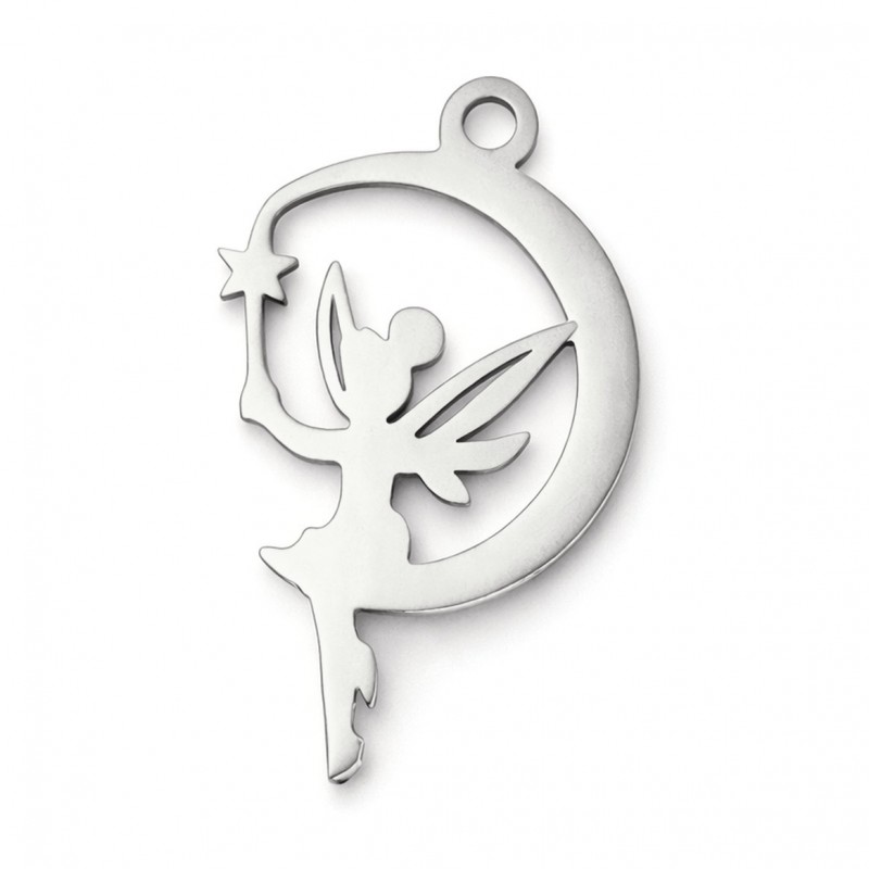 Breloque Fée Lune en Acier Inoxydable Argenté 17x10mm
