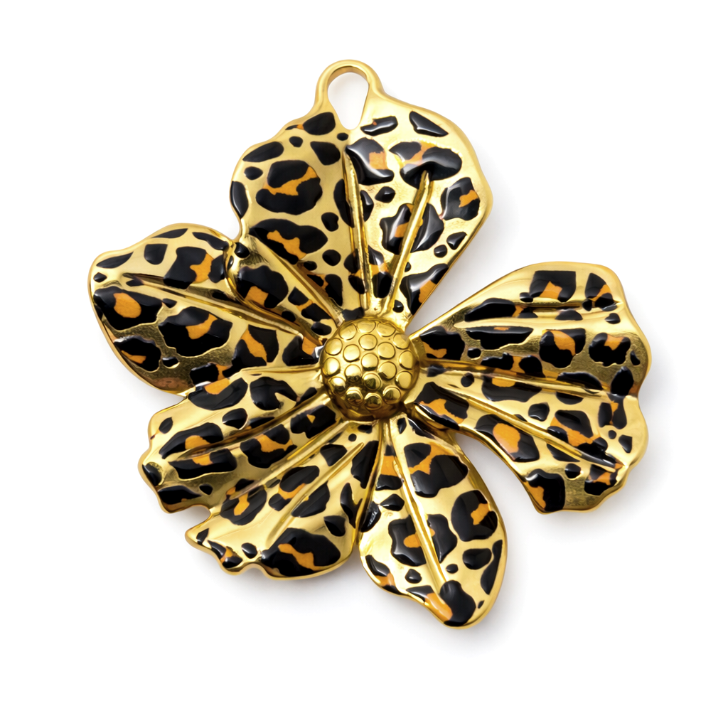 Breloque Fleur Stylisée Léopard en Émail Acier Inoxydable Doré 40x27mm
