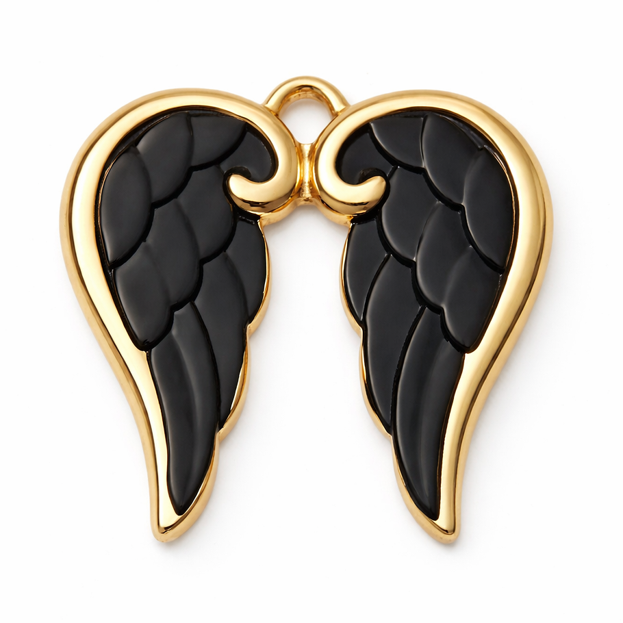 Breloque Ailes d'Ange Noires Gothique en Émail Acier Inoxydable Doré 23x23mm