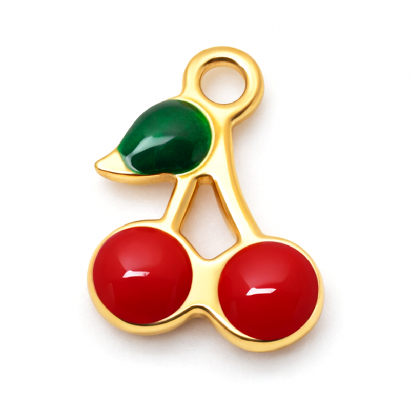 4 Breloques Cerises 3D en Émail Acier Inoxydable Doré 10x7mm