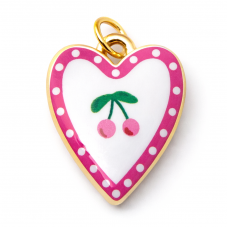 Breloque Coeur Cerises 3D en Émail Métal Doré 19x15mm pour la Création de Bijoux Fantaisie - DIY