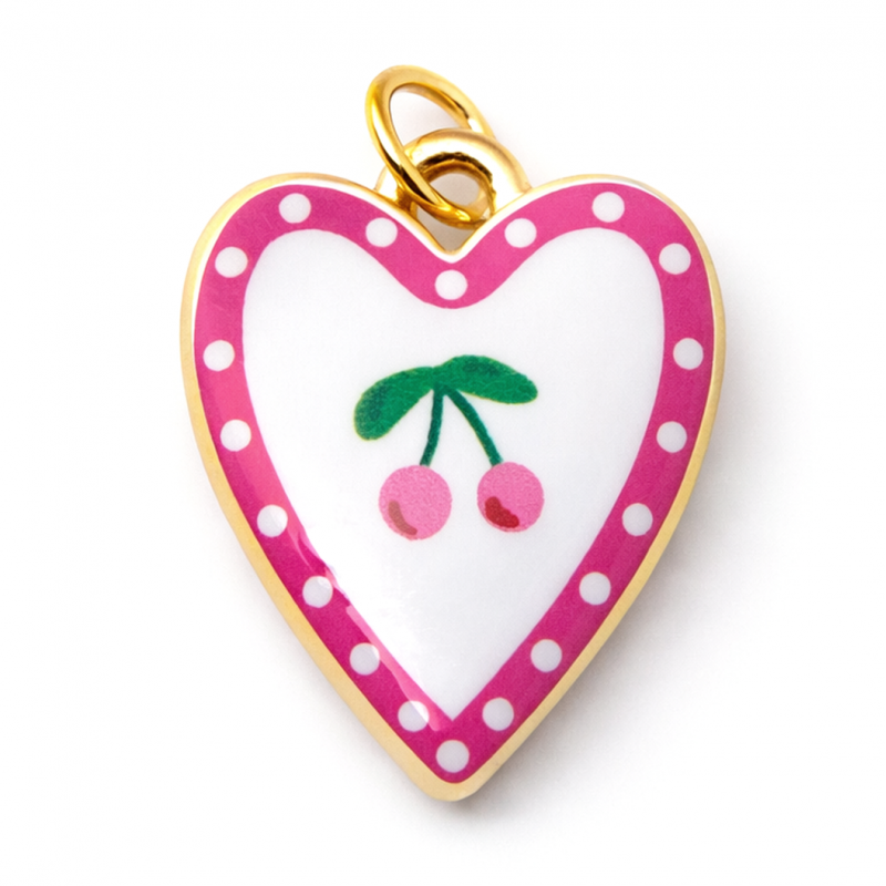 Breloque Coeur Cerises 3D en Émail Métal Doré 19x15mm