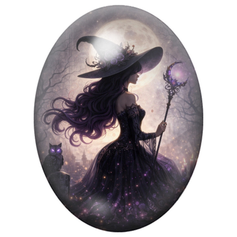 Cabochon en Verre Illustré Sorcière au Sceptre sous la Pleine Lune 13x18, 18x25 ou 30x40mm