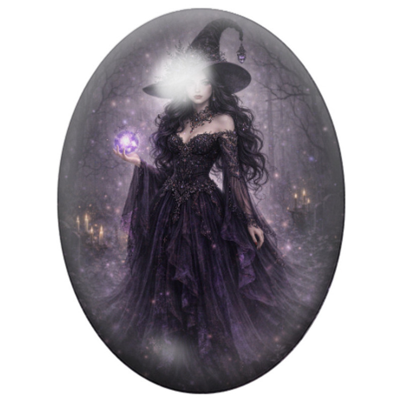 Cabochon en Verre Illustré Sorcière Sombre à l’Orbe Violet 13x18, 18x25 ou 30x40mm