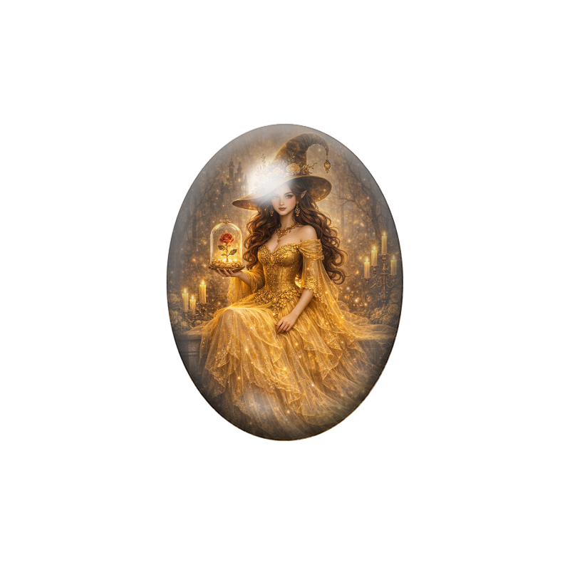Cabochon en Verre Illustré Sorcière Princesse Halloween 13x18, 18x25 ou 30x40mm