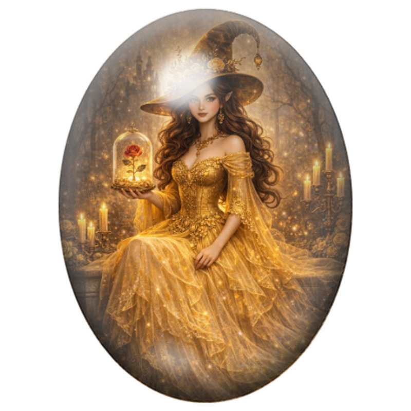 Cabochon en Verre Illustré Sorcière Princesse en Robe Dorée à la Lanterne 13x18, 18x25 ou 30x40mm