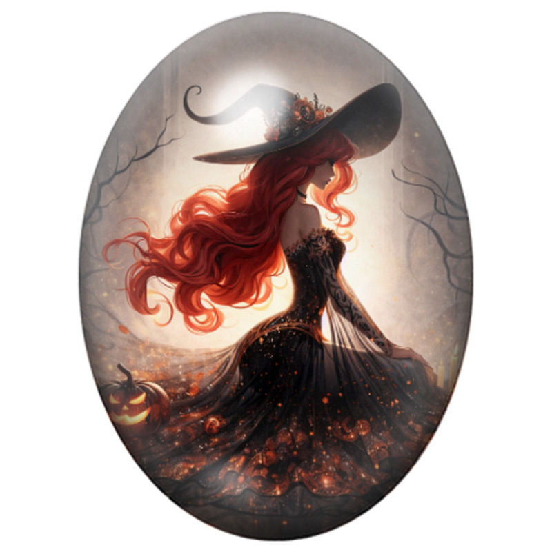 Cabochon en Verre Illustré Sorcière Rousse en Robe Noire de Feu 13x18, 18x25 ou 30x40mm