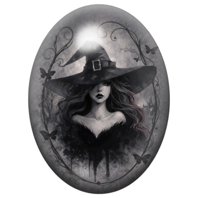 Cabochon en Verre Illustré Portrait de Sorcière Gothique en Noir et Blanc 13x18, 18x25 ou 30x40mm