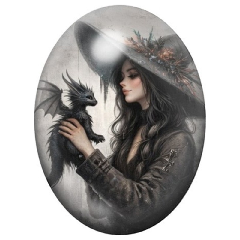 Cabochon en Verre Illustré Sorcière au Petit Dragon Noir 13x18, 18x25 ou 30x40mm