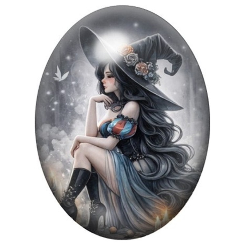 Cabochon en Verre Illustré Sorcière Assise aux Papillons Blancs 13x18, 18x25 ou 30x40mm