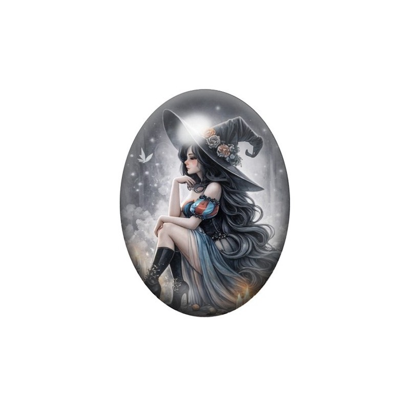Cabochon en Verre Illustré Sorcière Halloween 13x18, 18x25 ou 30x40mm