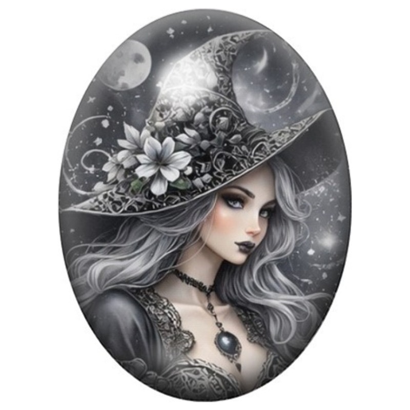 Cabochon en Verre Illustré Sorcière au Chapeau Lune en Noir et Blanc 13x18, 18x25 ou 30x40mm