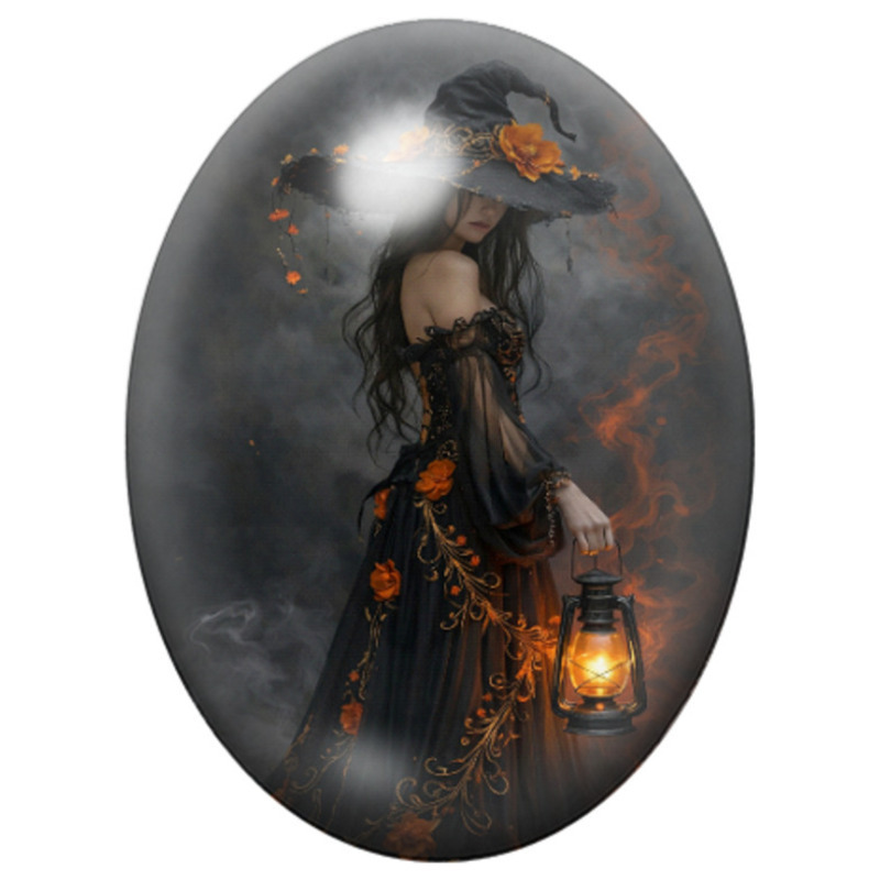 Cabochon en Verre Illustré Sorcière Sombre à la Lanterne Orange 13x18, 18x25 ou 30x40mm