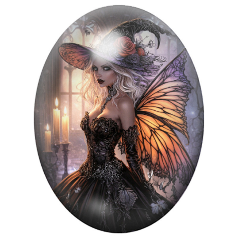 Cabochon en Verre Illustré Fée Sorcière aux Ailes de Papillon Orange 13x18, 18x25 ou 30x40mm