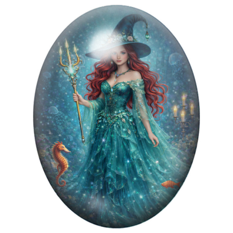 Cabochon en Verre Illustré Princesse des Mers au Trident 13x18, 18x25 ou 30x40mm