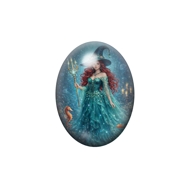 Cabochon en Verre Illustré Sorcière Princesse Halloween 13x18, 18x25 ou 30x40mm