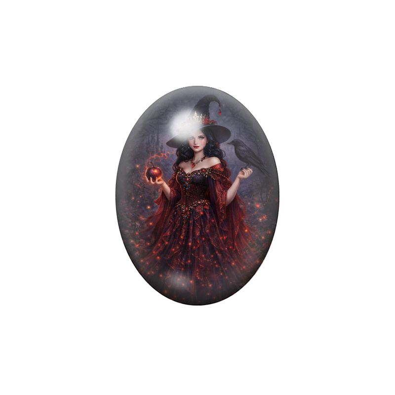 Cabochon en Verre Illustré Sorcière Princesse Halloween 13x18, 18x25 ou 30x40mm