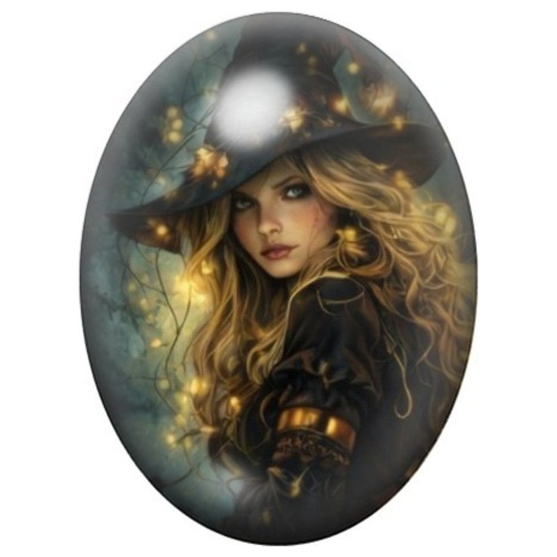 Cabochon en Verre Illustré Sorcière Blonde au Chapeau Étoilé et à la Citrouille 13x18, 18x25 ou 30x40mm