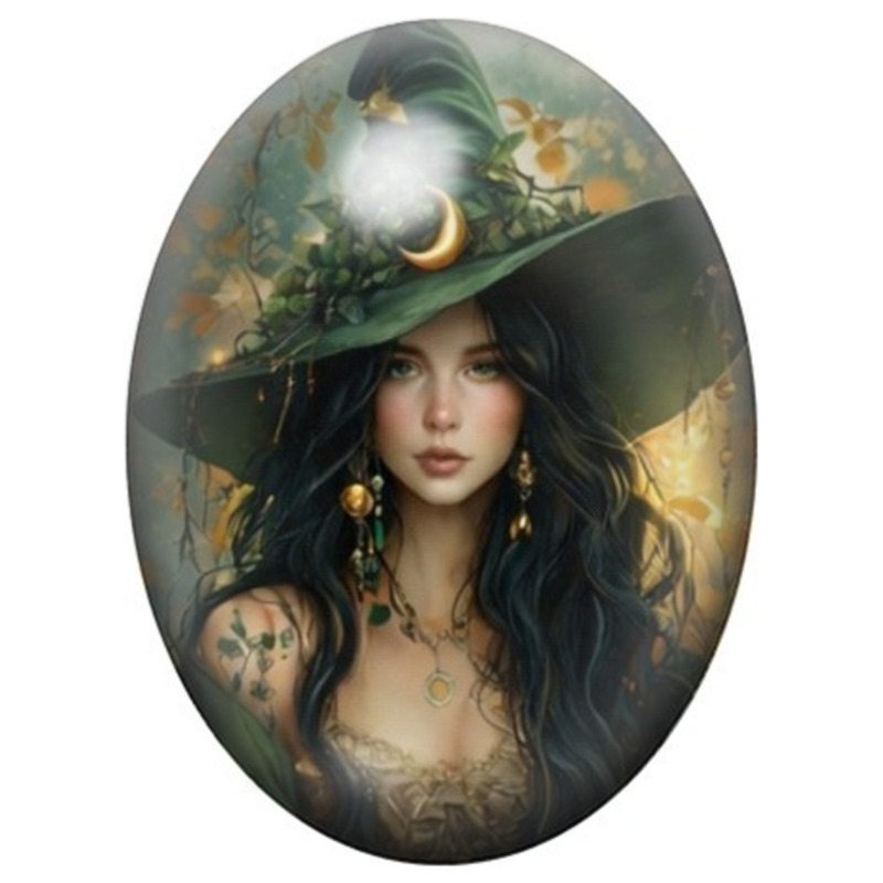 Cabochon en Verre Illustré Sorcière au Chapeau Lune et Feuillages 13x18, 18x25 ou 30x40mm