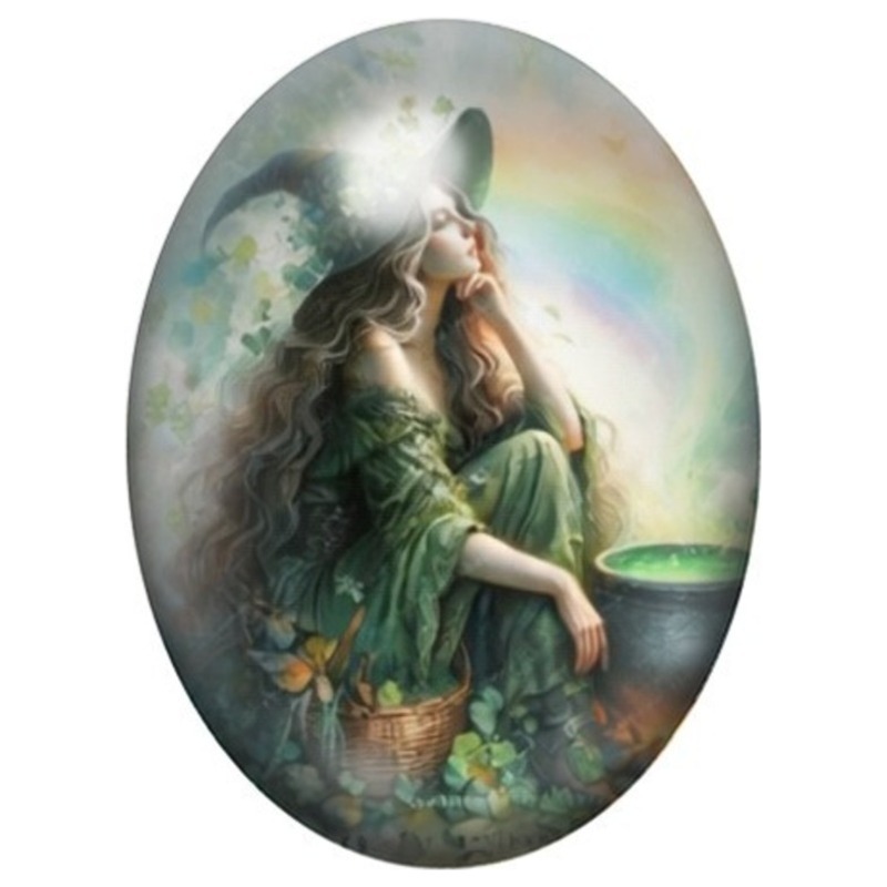 Cabochon en Verre Illustré Sorcière des Bois au Chaudron Lumineux 13x18, 18x25 ou 30x40mm