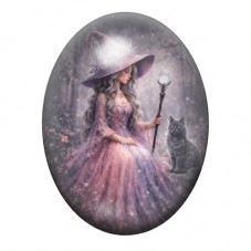 Cabochon en Verre Illustré Sorcière Princesse en Robe Mauve au Sceptre de Cristal 13x18, 18x25 ou 30x40mm pour la création de bi