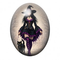 Cabochon en Verre Illustré Sorcière Gothique au Chat Noir 13x18, 18x25 ou 30x40mm pour la création de bijoux fantaisie - DIY