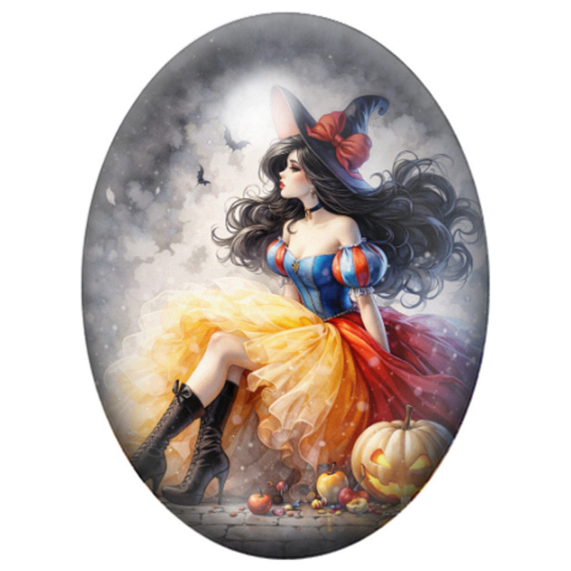 Cabochon en Verre Illustré Sorcière Princesse aux Citrouilles d’Automne 13x18, 18x25 ou 30x40mm