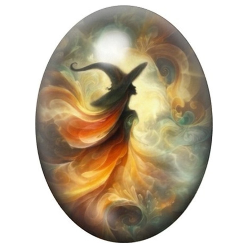 Cabochon en Verre Illustré Silhouette de Sorcière dans un Tourbillon de Feu 13x18, 18x25 ou 30x40mm