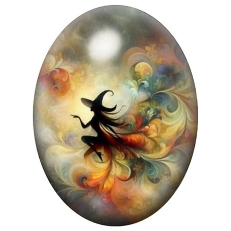 Cabochon en Verre Illustré Sorcière dans un Tourbillon Coloré 13x18, 18x25 ou 30x40mm
