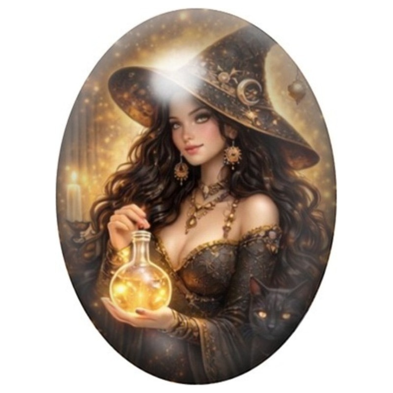 Cabochon en Verre Illustré Sorcière Alchimiste à la Potion Dorée 13x18, 18x25 ou 30x40mm